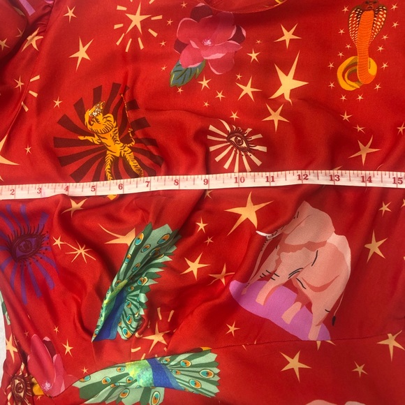 Farm Rio Lotus Star Red / Multi Midi Dress w/ beaded fringe belt- Small - Picture 15 of 15